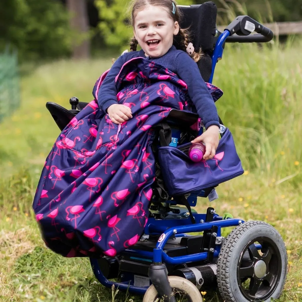 Kids Fleece-Lined Wheelchair Cosy - NAVY FLAMINGO