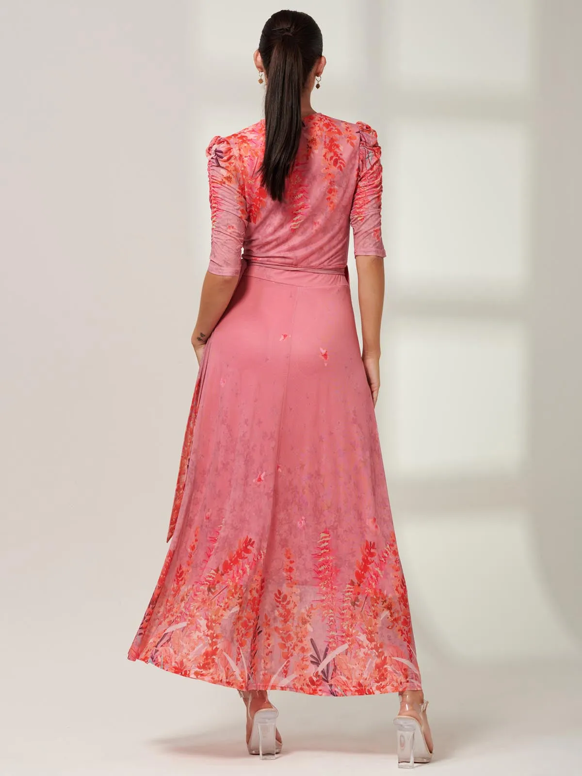 Kinley Print Wrap Mesh Maxi Dress, Pink Multi