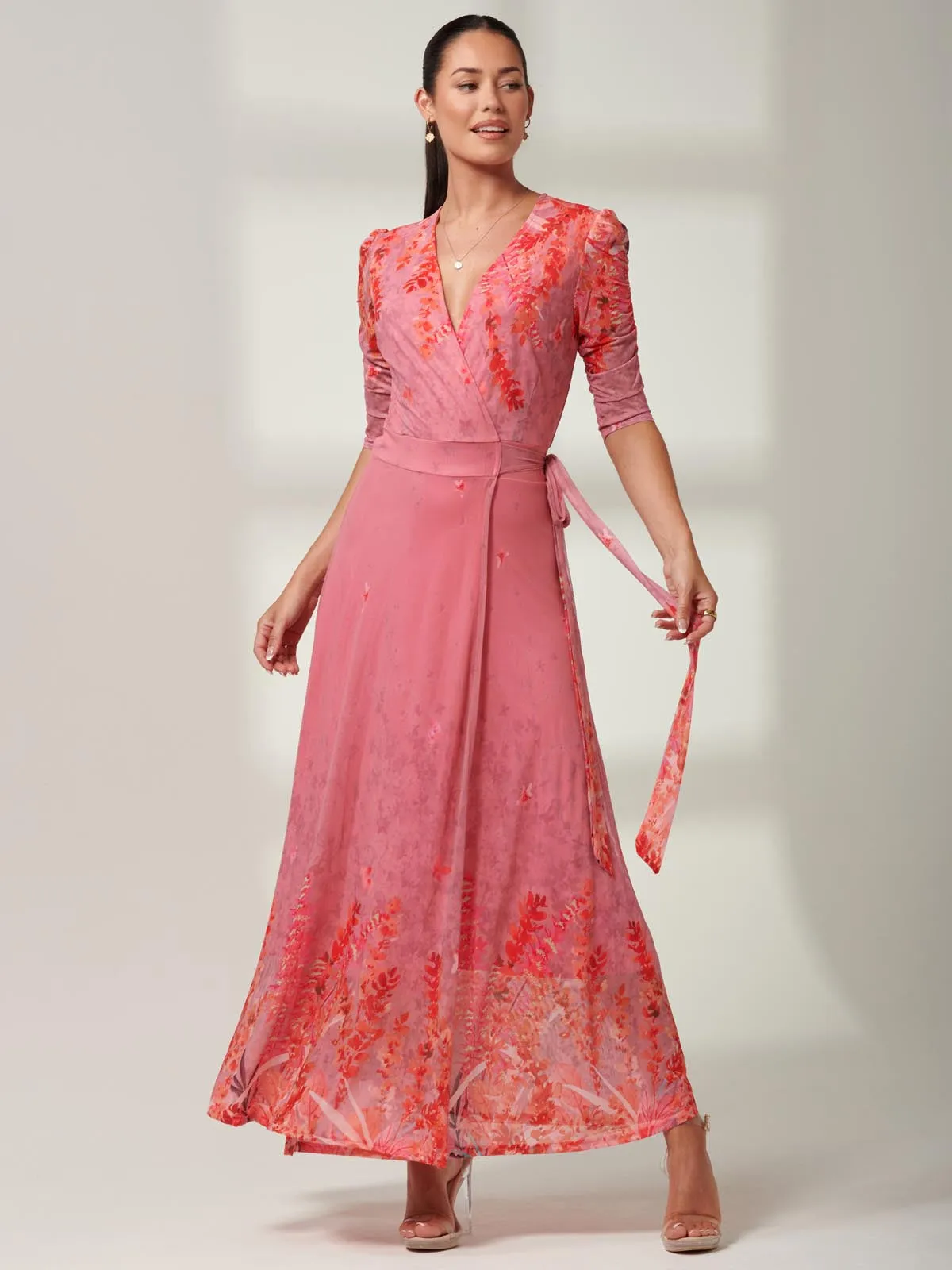 Kinley Print Wrap Mesh Maxi Dress, Pink Multi