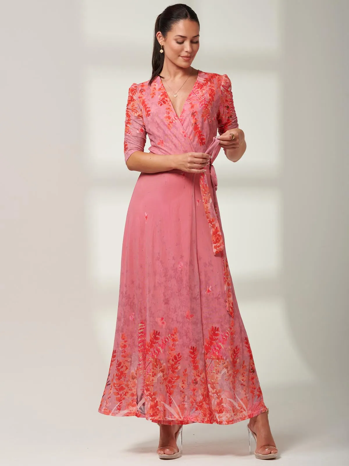 Kinley Print Wrap Mesh Maxi Dress, Pink Multi