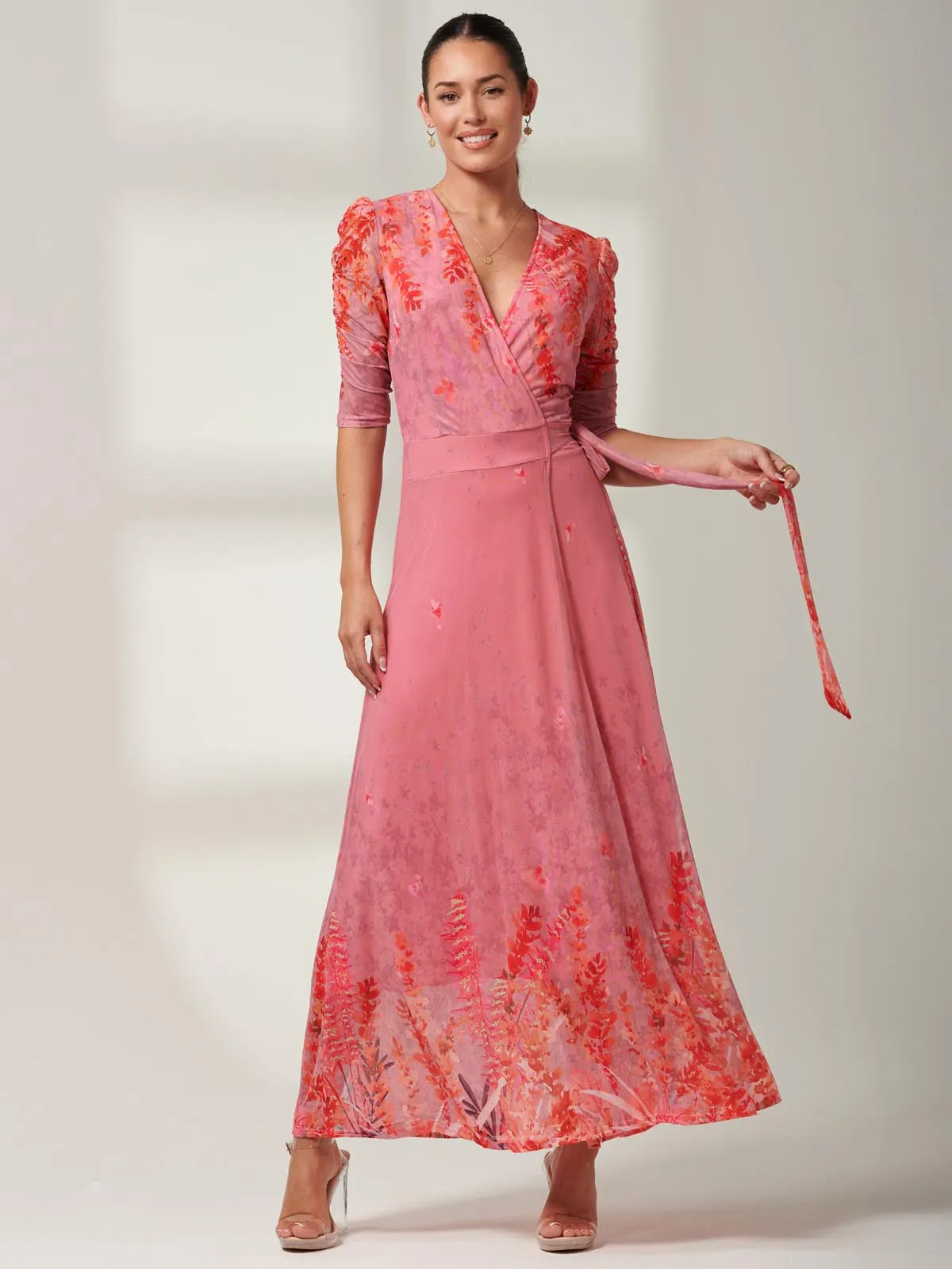Kinley Print Wrap Mesh Maxi Dress, Pink Multi