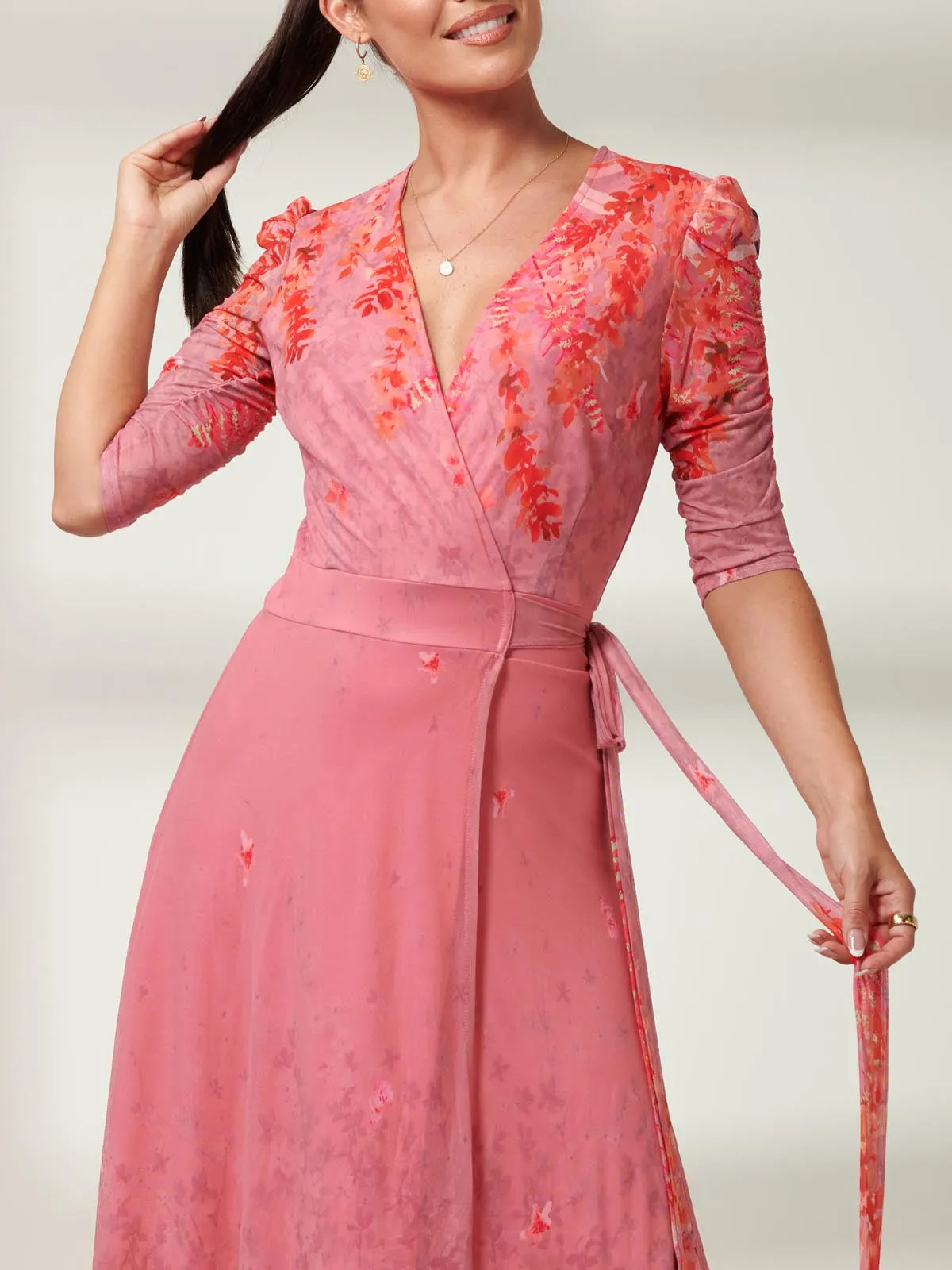 Kinley Print Wrap Mesh Maxi Dress, Pink Multi