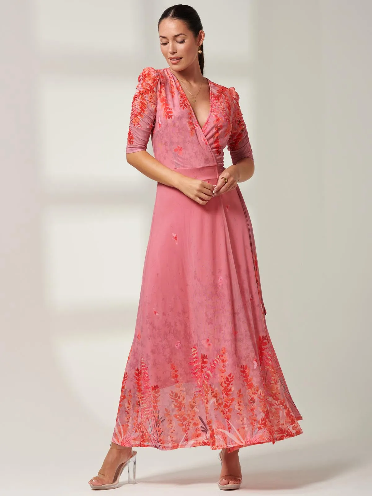 Kinley Print Wrap Mesh Maxi Dress, Pink Multi