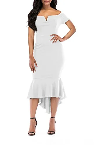 KISSMODA Formal Evening Party Midi Bodycon Dresses for Ladies Short Sleeve V Neck Design Fishtail Dress