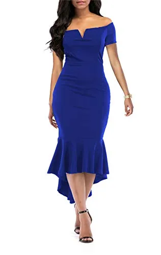 KISSMODA Formal Evening Party Midi Bodycon Dresses for Ladies Short Sleeve V Neck Design Fishtail Dress