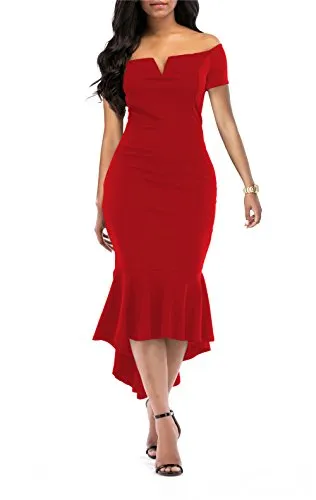 KISSMODA Formal Evening Party Midi Bodycon Dresses for Ladies Short Sleeve V Neck Design Fishtail Dress