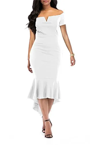 KISSMODA Formal Evening Party Midi Bodycon Dresses for Ladies Short Sleeve V Neck Design Fishtail Dress