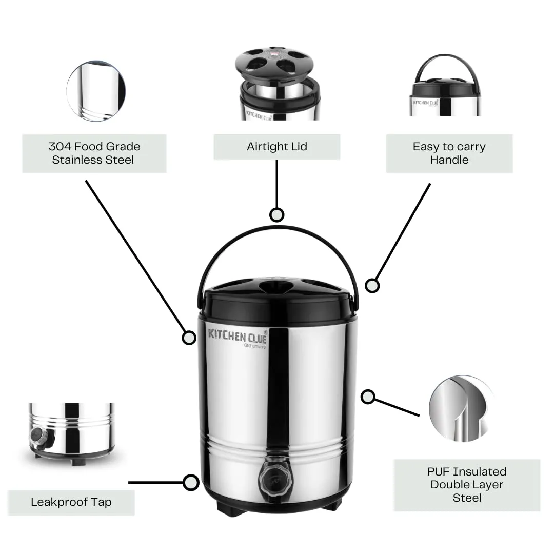 Kitchen Clue Stainless Steel HOT & Cold Water Pitcher/Flask with Carry Handle I 8 Liter of Water Storage Container for Kitchen Home Office I Easy to Clean & Maintain