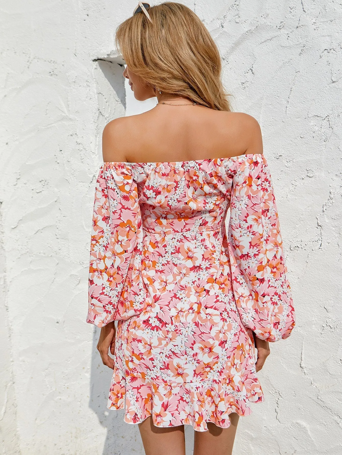 KittenAlarm - Flora print sexy V-neck skirt irregular Ruffle Skirt Shoulder off dress
