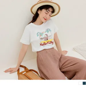 KITTY PRINTED COTTON SHORT SLEEVE ROUND NECK TOPS