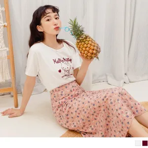 KITTY PRINTED ROUND NECK SHORT SLEEVE TOPS