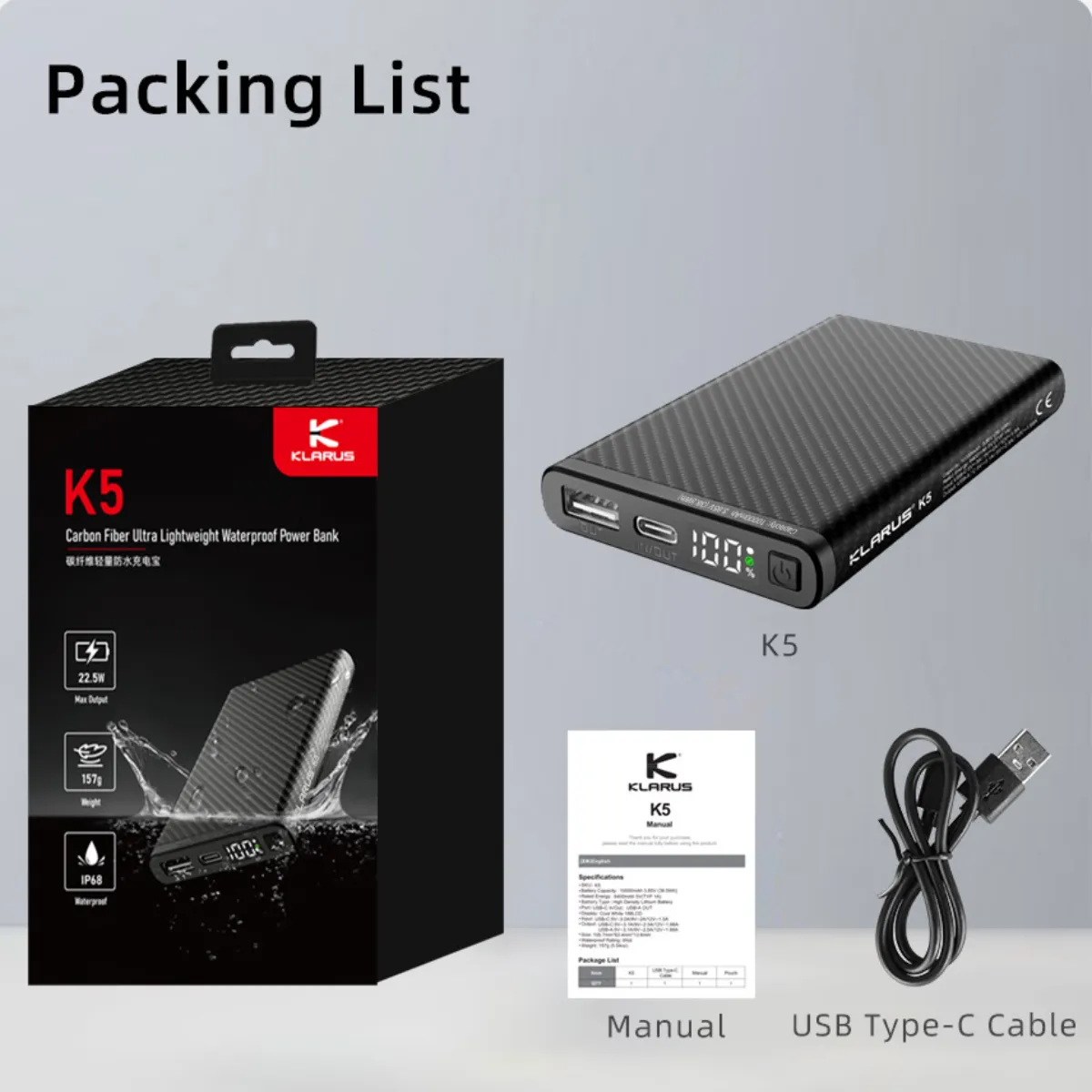 KLARUS K5 CARBON FIBER LIGHTWEIGHT WATERPROOF POWERBANK