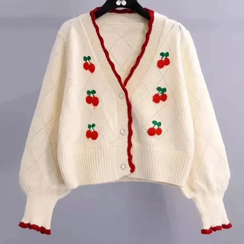 Knitted Cozy Autumnal Winter V-neck Floral Casual Long Sleeve Comfortable Loose Stylish Sweater