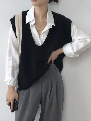 Knitting Irregularity Solid V-Neck Vest