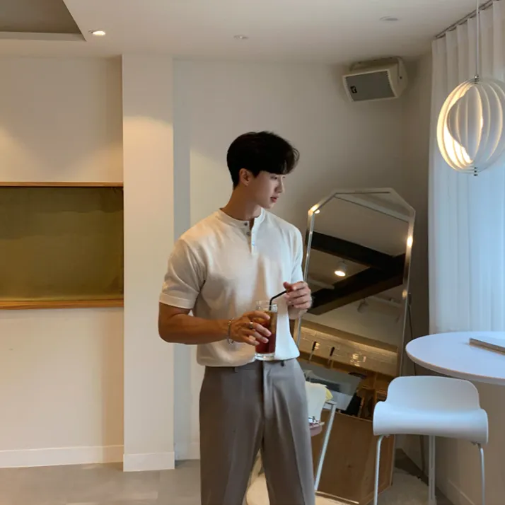 [Korean Style] 4 Colors Lapel Basic Button T-shirts