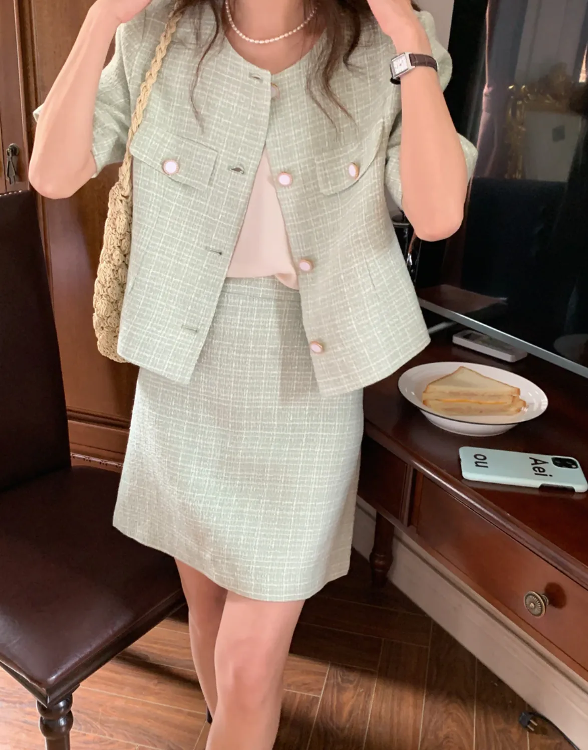 [Korean Style] Collarless Cor-ord Matching Tweed Jacket Skirt 2 pc Set