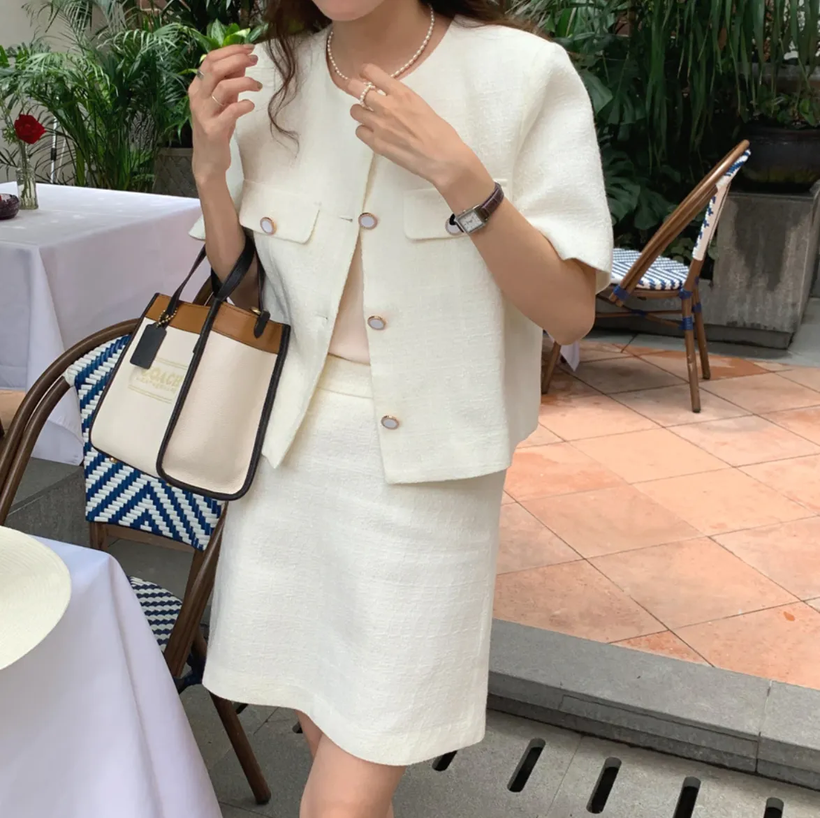 [Korean Style] Collarless Cor-ord Matching Tweed Jacket Skirt 2 pc Set