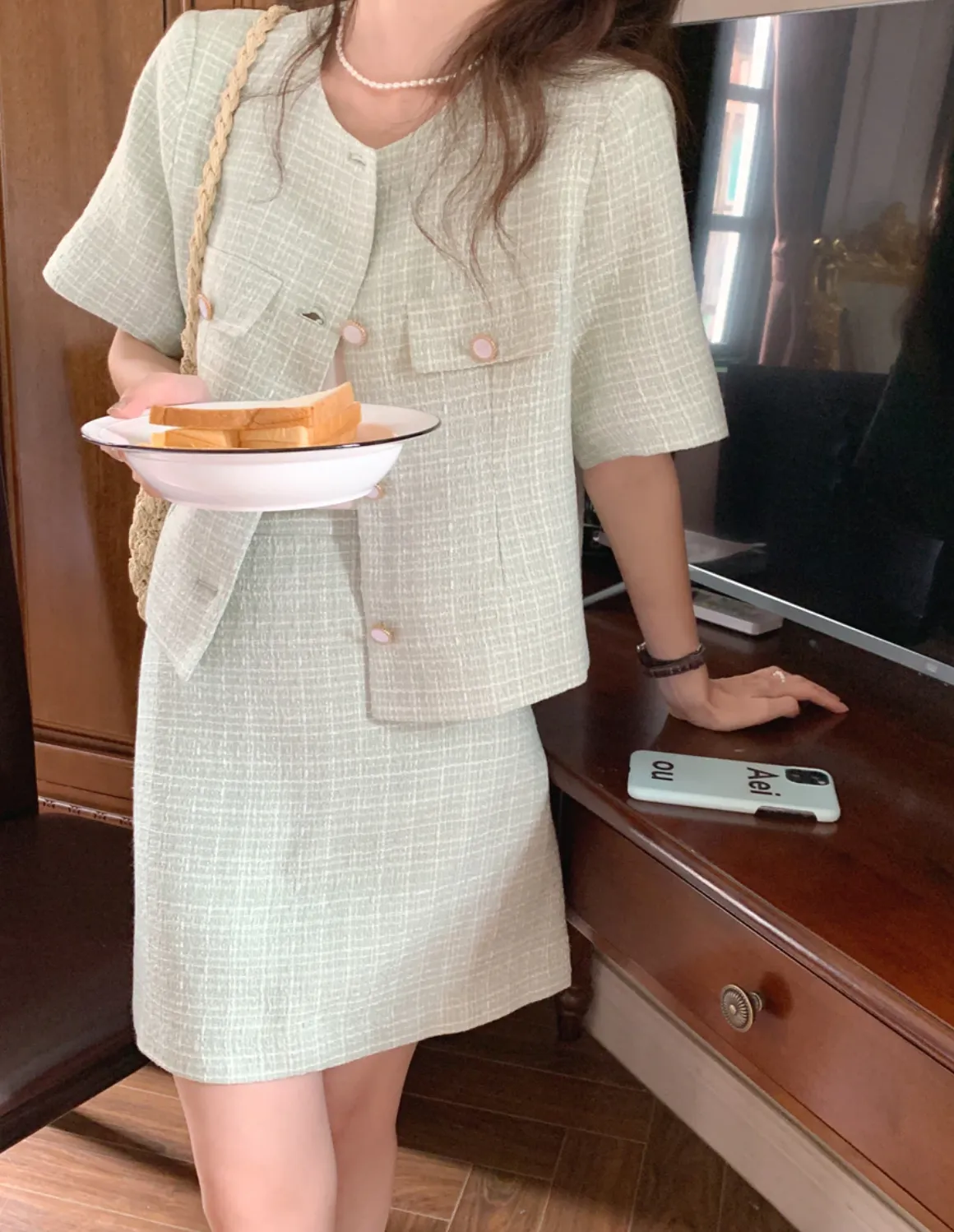 [Korean Style] Collarless Cor-ord Matching Tweed Jacket Skirt 2 pc Set