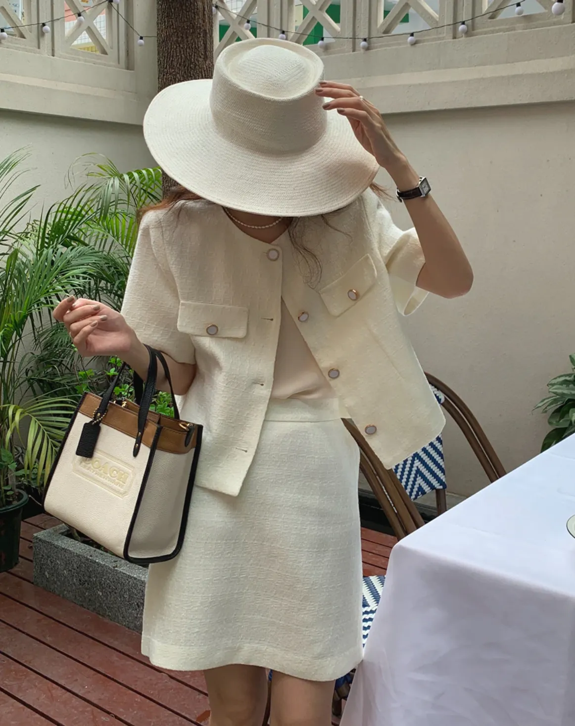 [Korean Style] Collarless Cor-ord Matching Tweed Jacket Skirt 2 pc Set