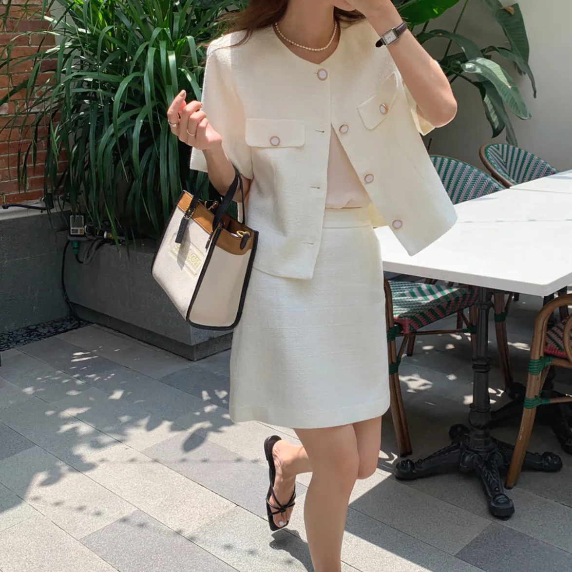 [Korean Style] Collarless Cor-ord Matching Tweed Jacket Skirt 2 pc Set