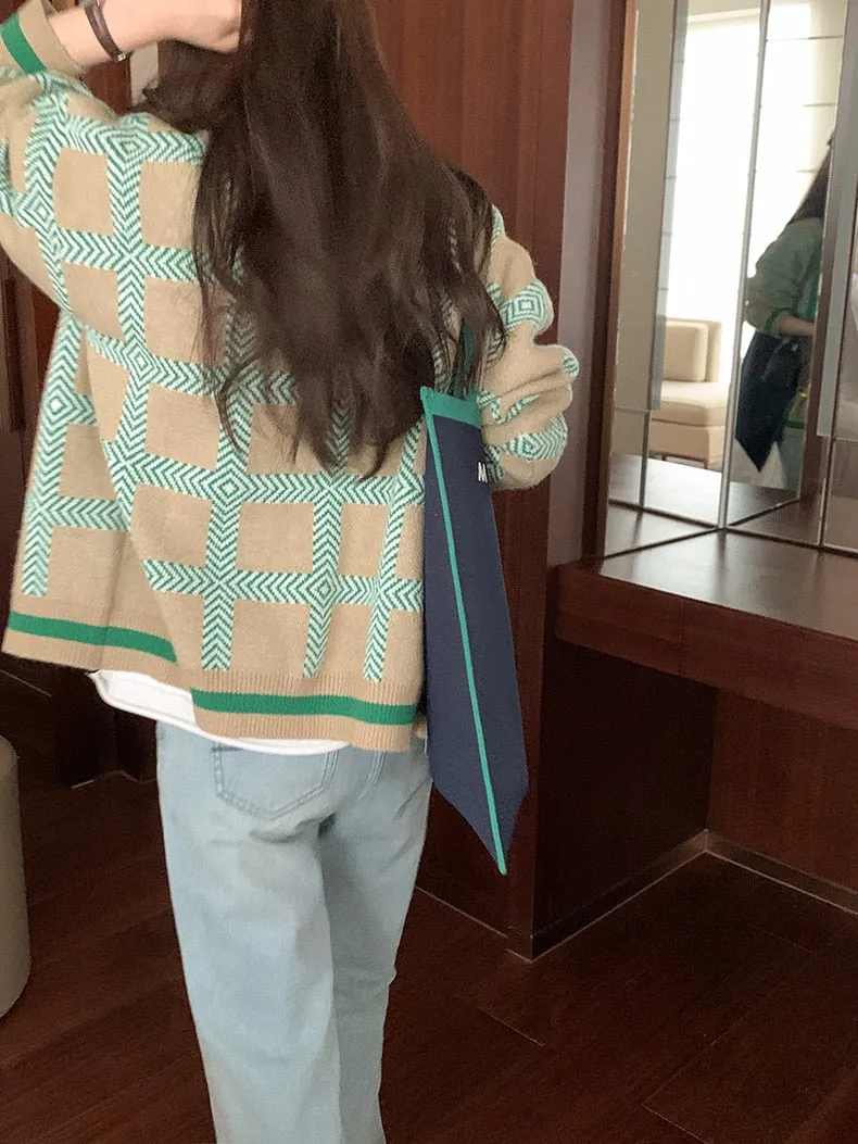 [Korean Style]  Contrast Color Pattern Knitted Cardigan