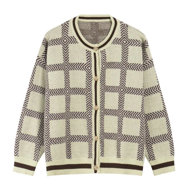 [Korean Style]  Contrast Color Pattern Knitted Cardigan