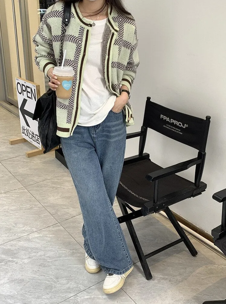 [Korean Style]  Contrast Color Pattern Knitted Cardigan