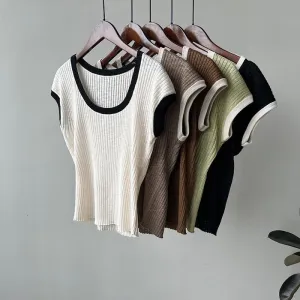 [Korean Style] Contrast Color Scoop Neck Rib Knit Top T-Shirt