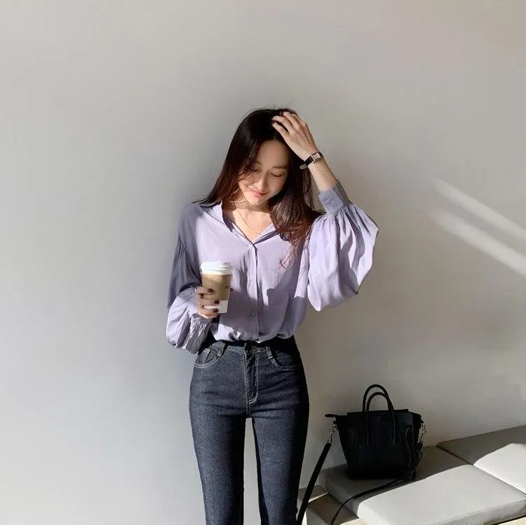 [Korean Style Lofee Grape Button Down Blouses