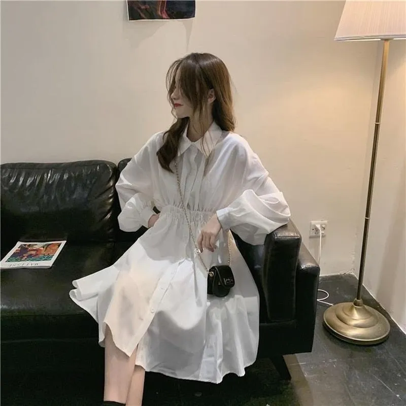 Korean Style Polo Collar Black Classic Long Sleeve Wrap Mini Dress