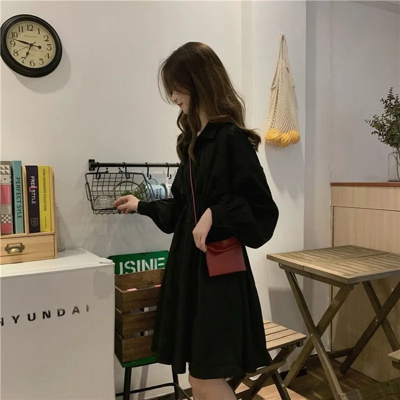 Korean Style Polo Collar Black Classic Long Sleeve Wrap Mini Dress