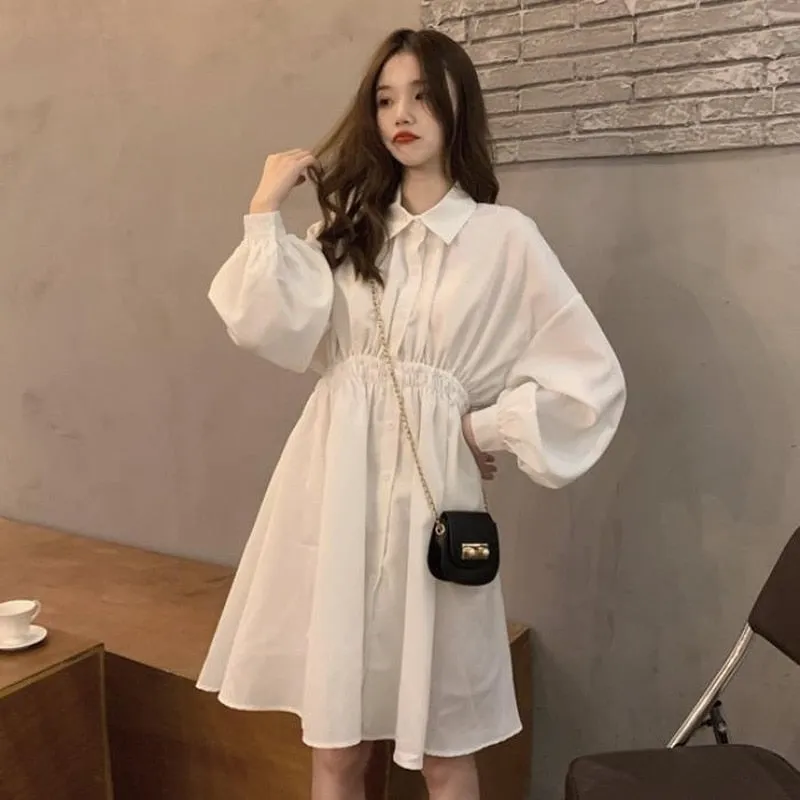 Korean Style Polo Collar Black Classic Long Sleeve Wrap Mini Dress