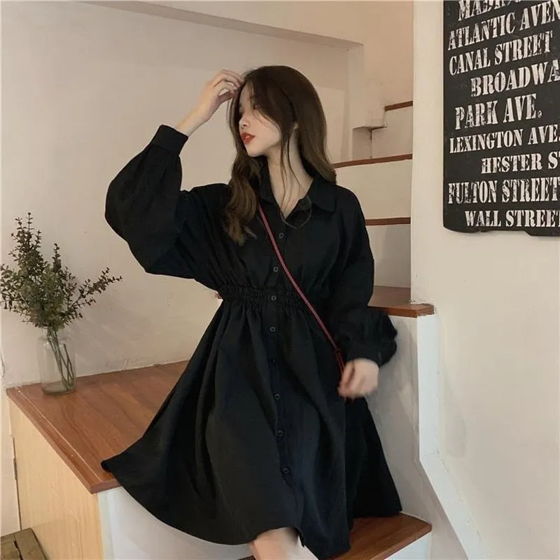 Korean Style Polo Collar Black Classic Long Sleeve Wrap Mini Dress