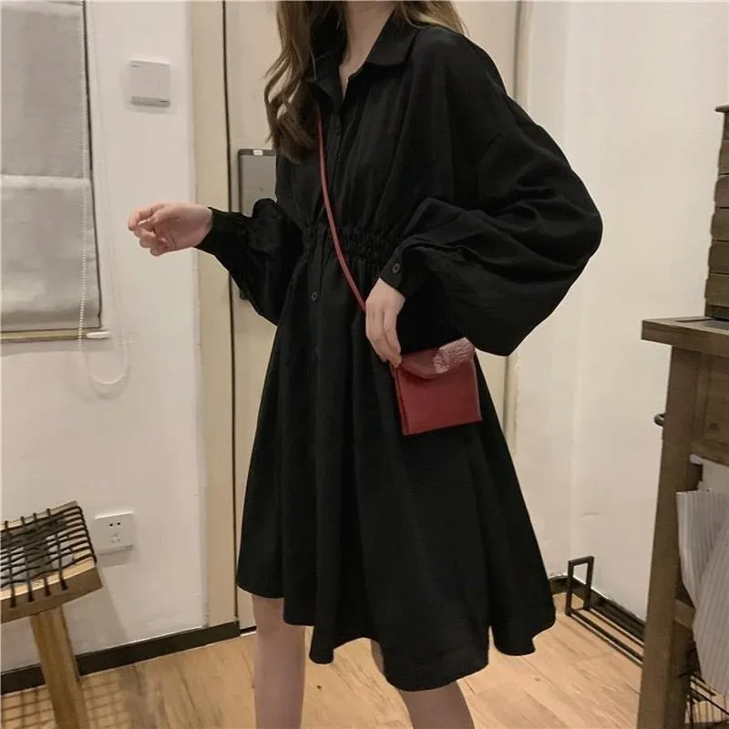 Korean Style Polo Collar Black Classic Long Sleeve Wrap Mini Dress