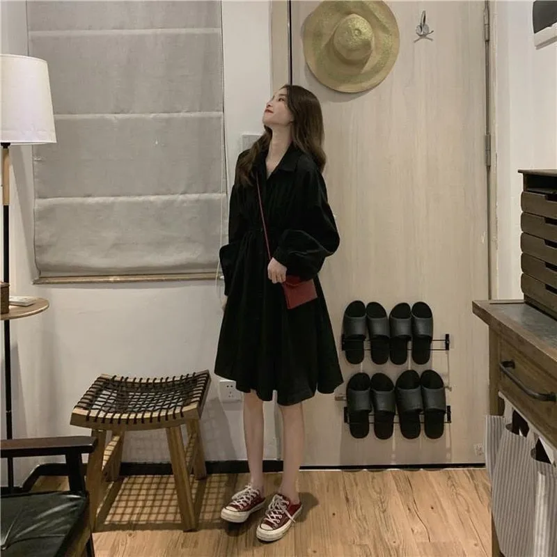 Korean Style Polo Collar Black Classic Long Sleeve Wrap Mini Dress