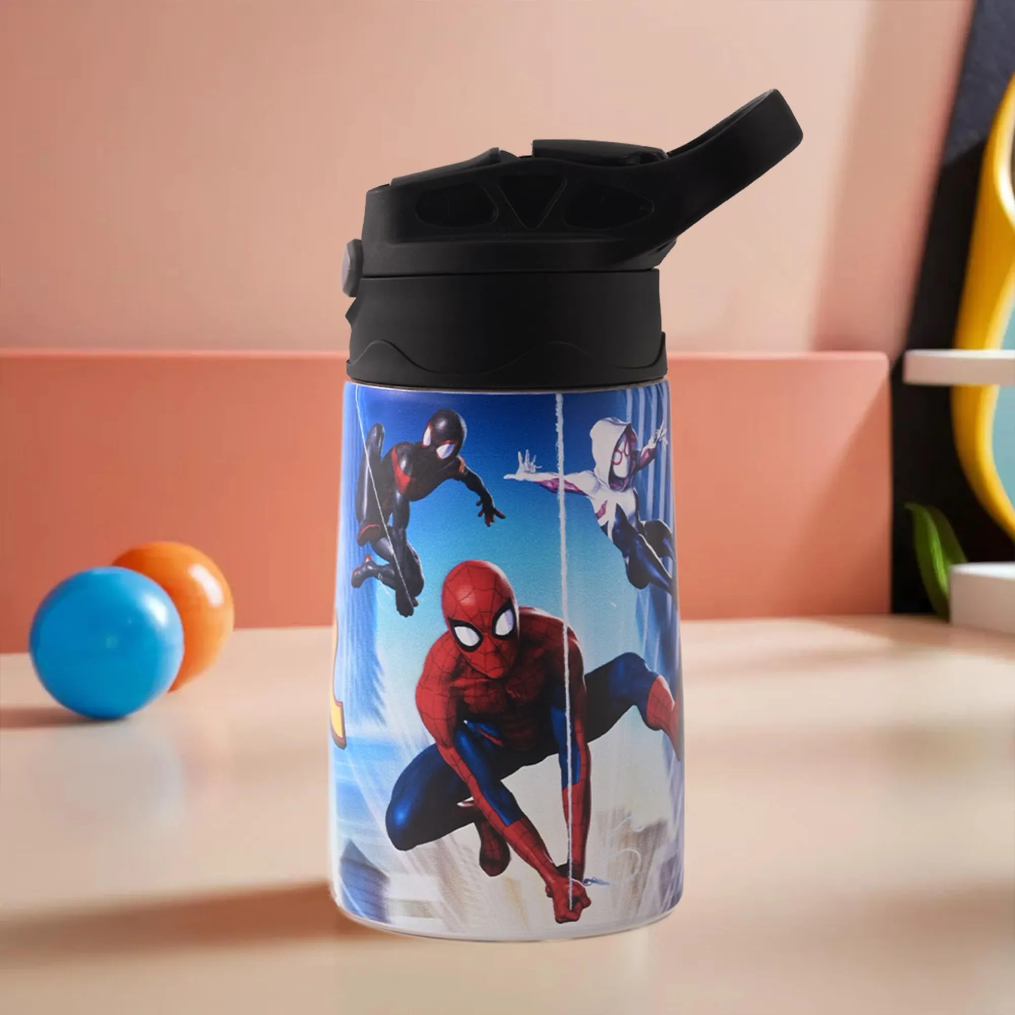Kuber Industries 350 ml Insulated Water Bottle |Spiderman Kids Water Bottle | Stainless Steel Kids Water Bottle | Water Bottle with Push-Button Flip Lid | Bottle For School | Red & Blue | Pack of 4