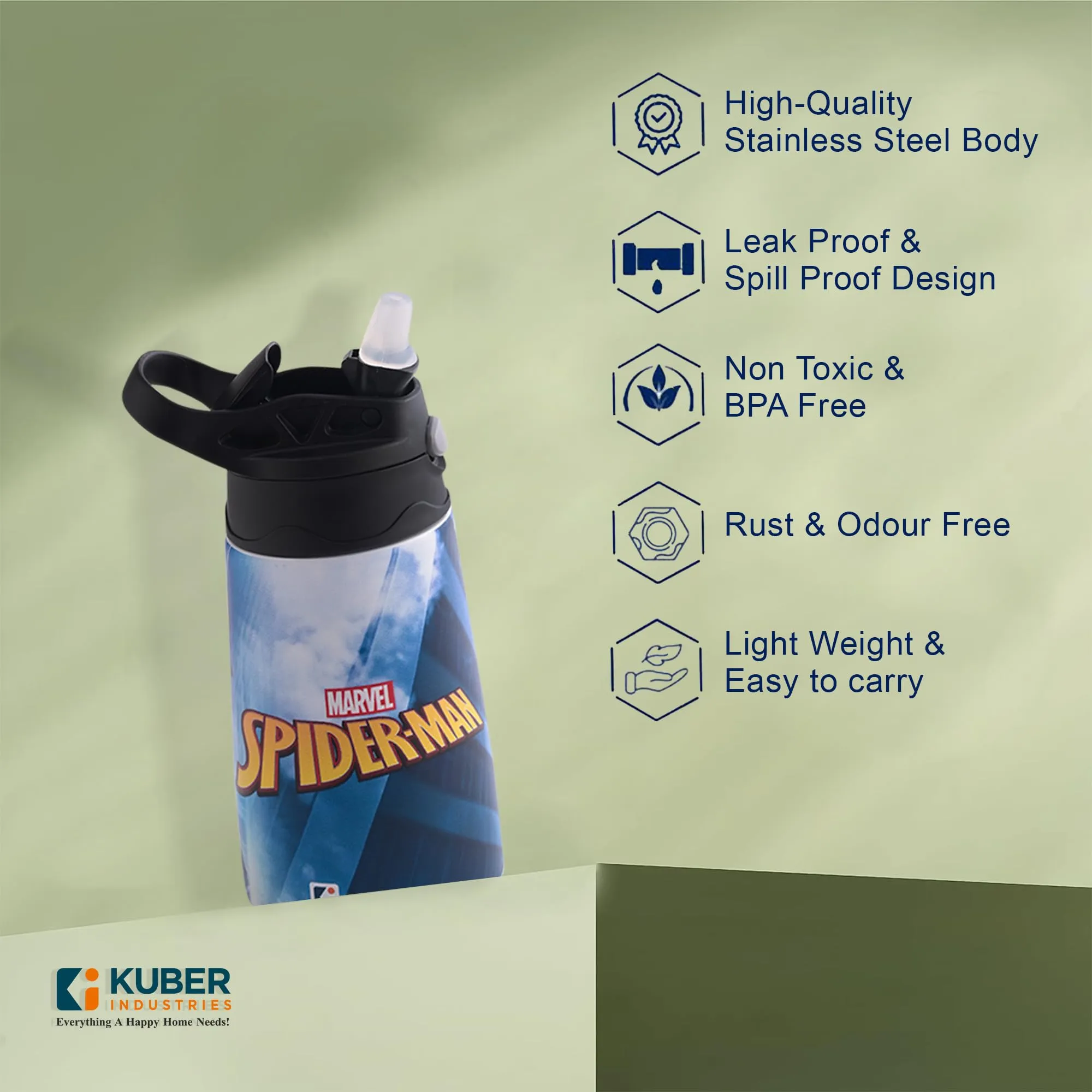 Kuber Industries 350 ml Insulated Water Bottle |Spiderman Kids Water Bottle | Stainless Steel Kids Water Bottle | Water Bottle with Push-Button Flip Lid | Bottle For School | Red & Blue | Pack of 4