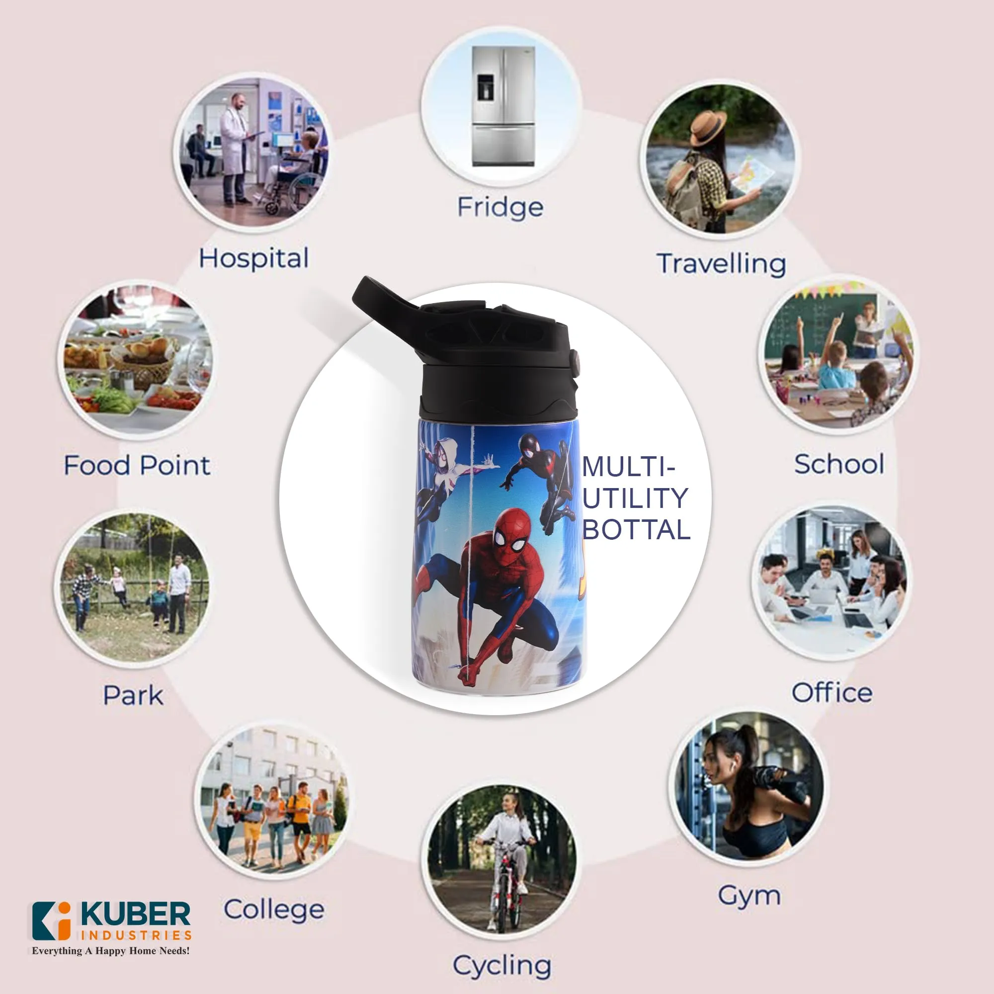 Kuber Industries 350 ml Insulated Water Bottle |Spiderman Kids Water Bottle | Stainless Steel Kids Water Bottle | Water Bottle with Push-Button Flip Lid | Bottle For School | Red & Blue | Pack of 4