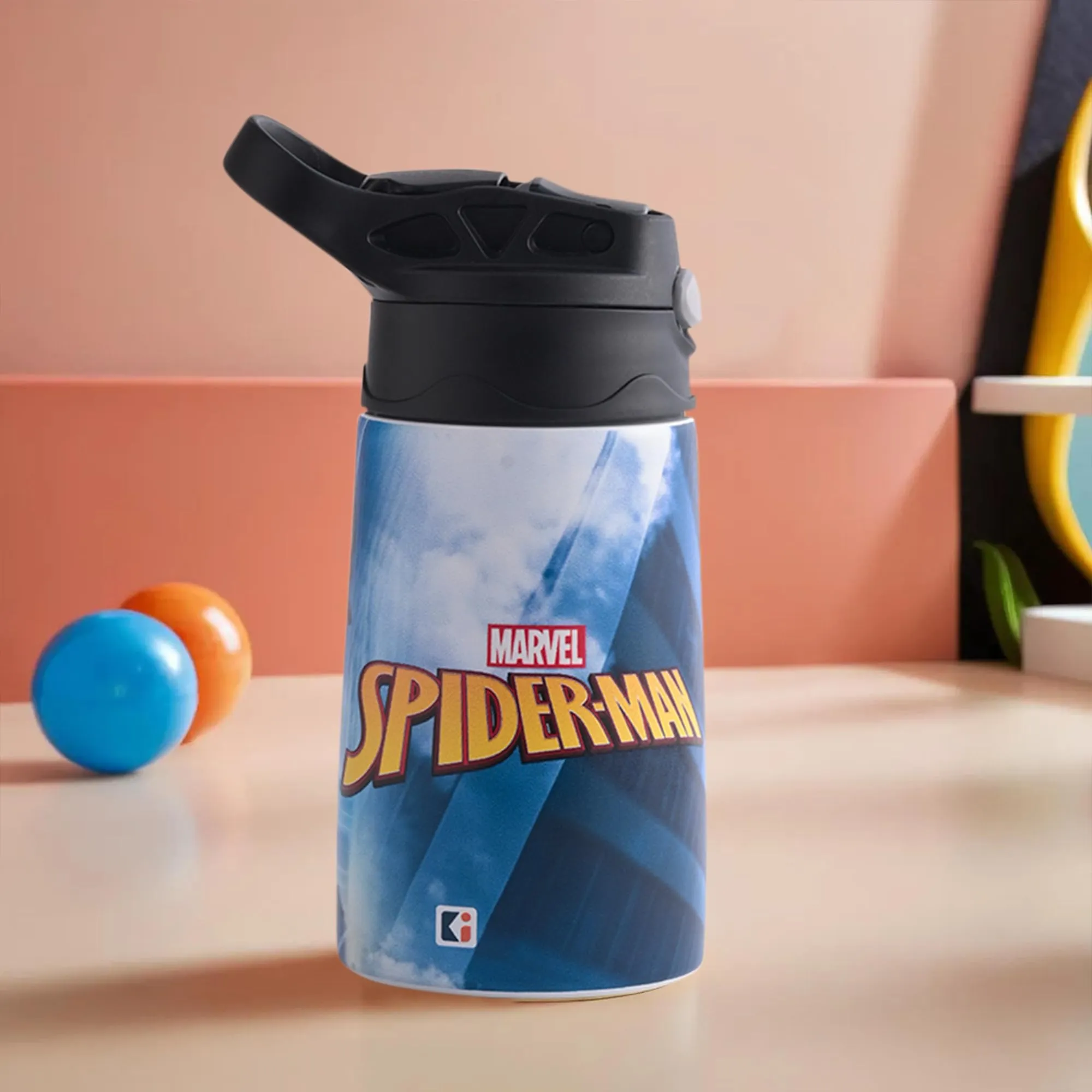 Kuber Industries 350 ml Insulated Water Bottle |Spiderman Kids Water Bottle | Stainless Steel Kids Water Bottle | Water Bottle with Push-Button Flip Lid | Bottle For School | Red & Blue | Pack of 4