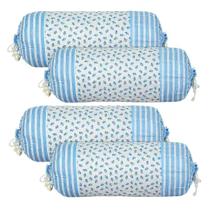 Kuber Industries Bolster Covers | Cotton Bolster Cover Set | Diwan Bolster Cover Set | Bolster Pillow Cover | Blue Flower Masand Cover | 16x32 Inch | Pack of 4 | White