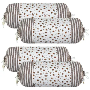 Kuber Industries Bolster Covers | Cotton Bolster Cover Set | Diwan Bolster Cover Set | Bolster Pillow Cover | Brown Flower Masand Cover | 16x32 Inch | Pack of 4 | White