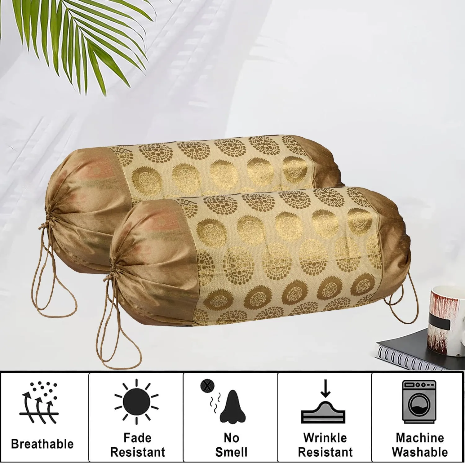 Kuber Industries Bolster Covers | Polyester Bolster Cover Set | Diwan Bolster Cover Set | Bolster Pillow Cover | Banarasi Gola Masand Cover | 16x32 Inch | Pack of 2 | Golden