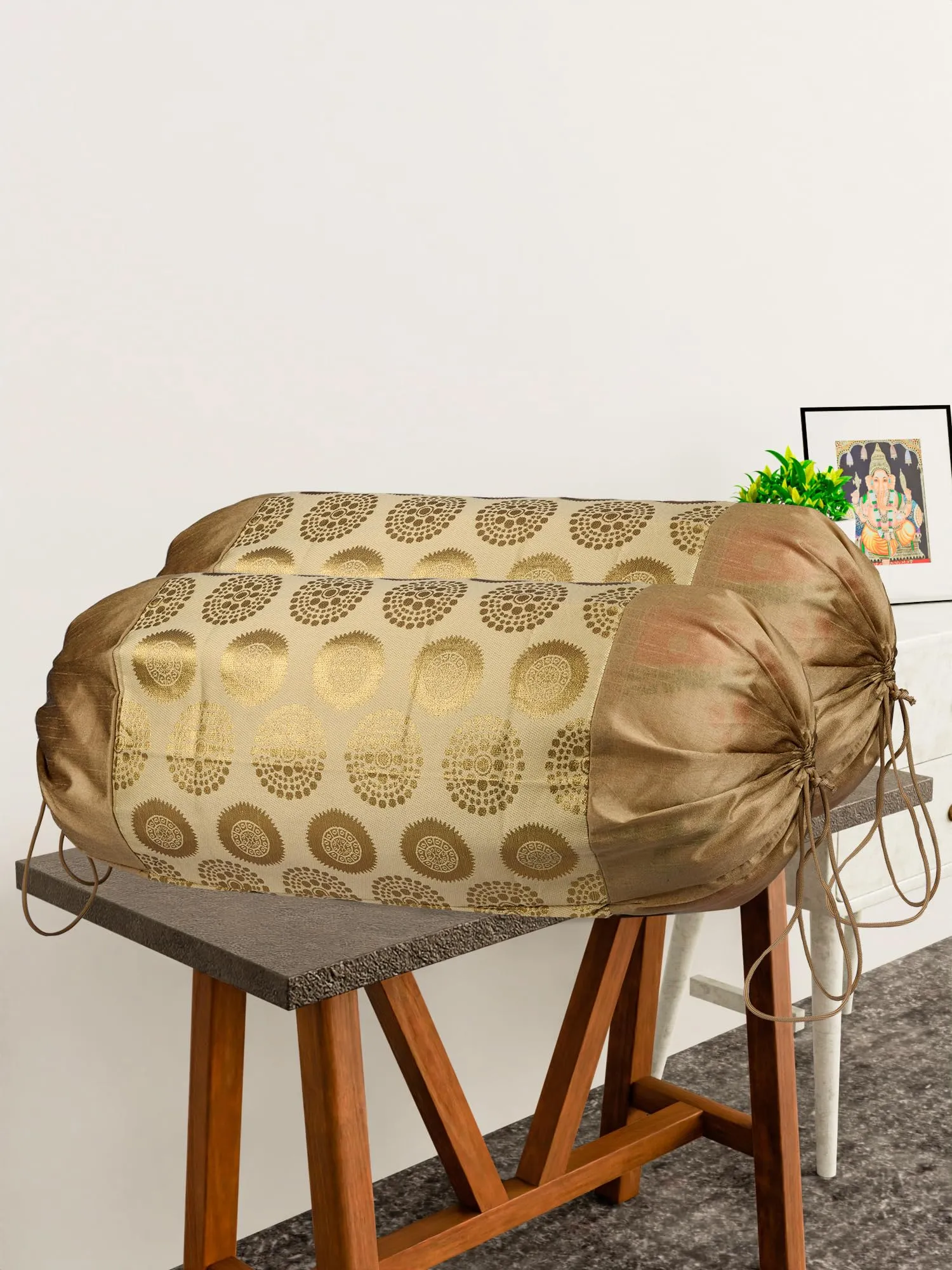 Kuber Industries Bolster Covers | Polyester Bolster Cover Set | Diwan Bolster Cover Set | Bolster Pillow Cover | Banarasi Gola Masand Cover | 16x32 Inch | Pack of 2 | Golden