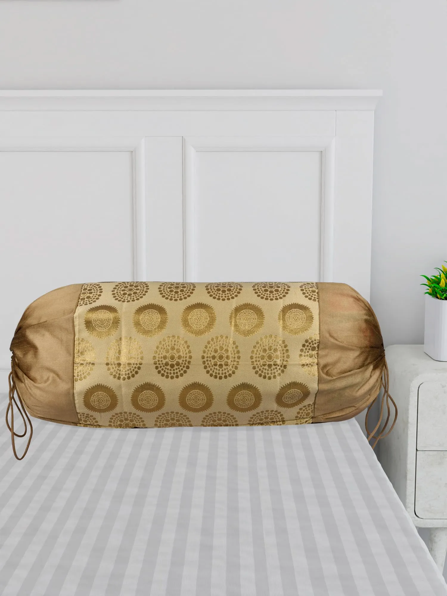 Kuber Industries Bolster Covers | Polyester Bolster Cover Set | Diwan Bolster Cover Set | Bolster Pillow Cover | Banarasi Gola Masand Cover | 16x32 Inch | Pack of 2 | Golden