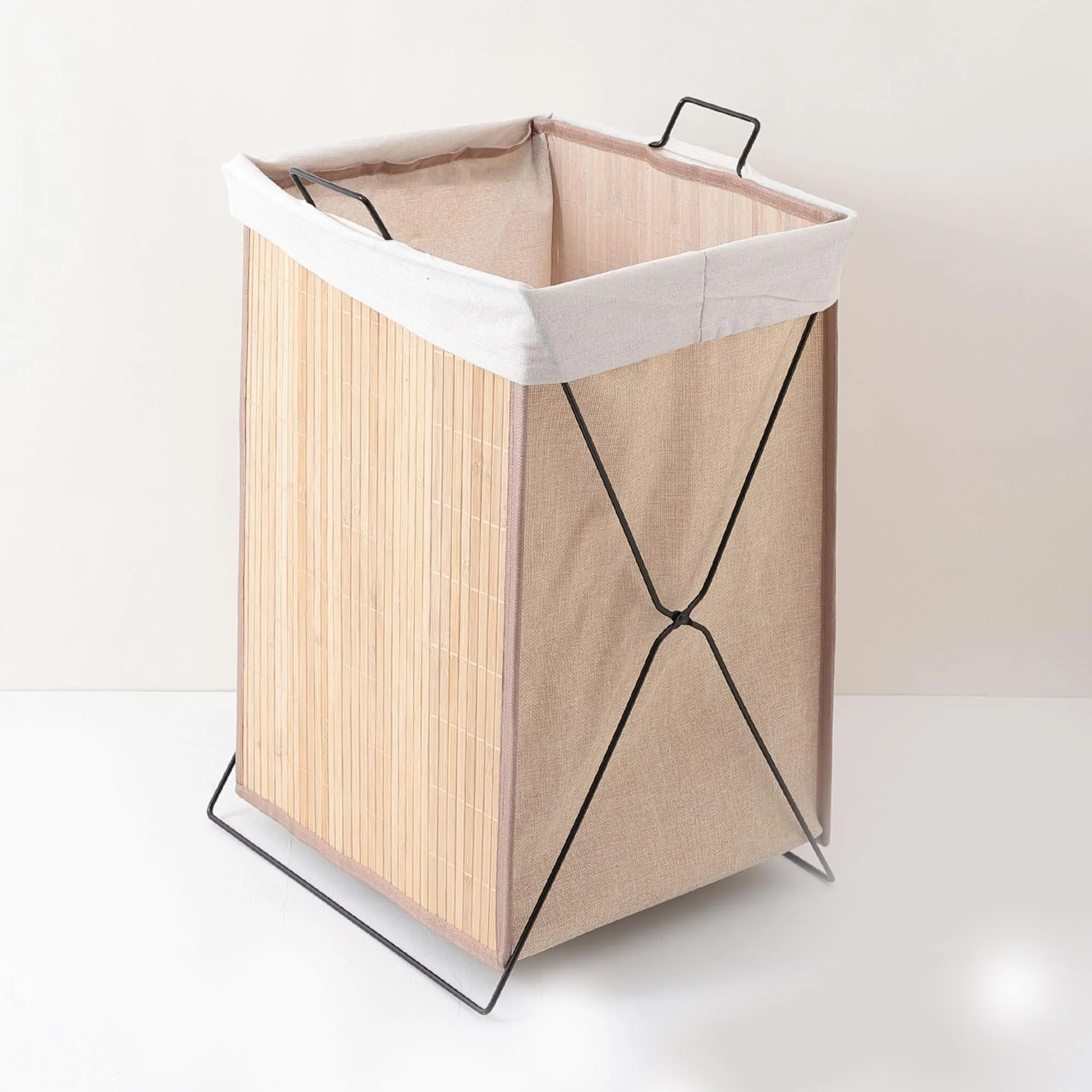 Kuber Industries Pack of 2 Foldable Bamboo Laundry Basket For Clothes With Lid | 51 Ltr Washing Clothes Storage Bag & Laundry Box - Light Brown