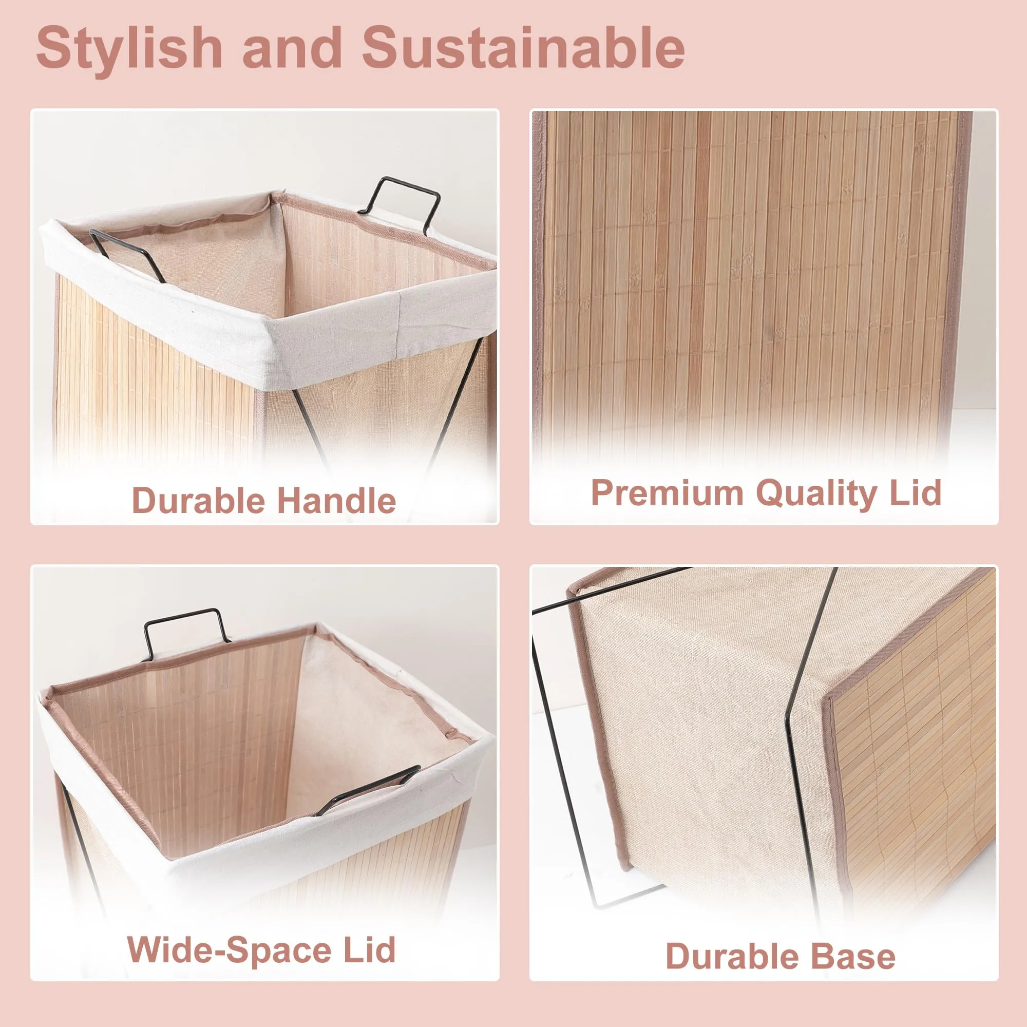Kuber Industries Pack of 2 Foldable Bamboo Laundry Basket For Clothes With Lid | 51 Ltr Washing Clothes Storage Bag & Laundry Box - Light Brown