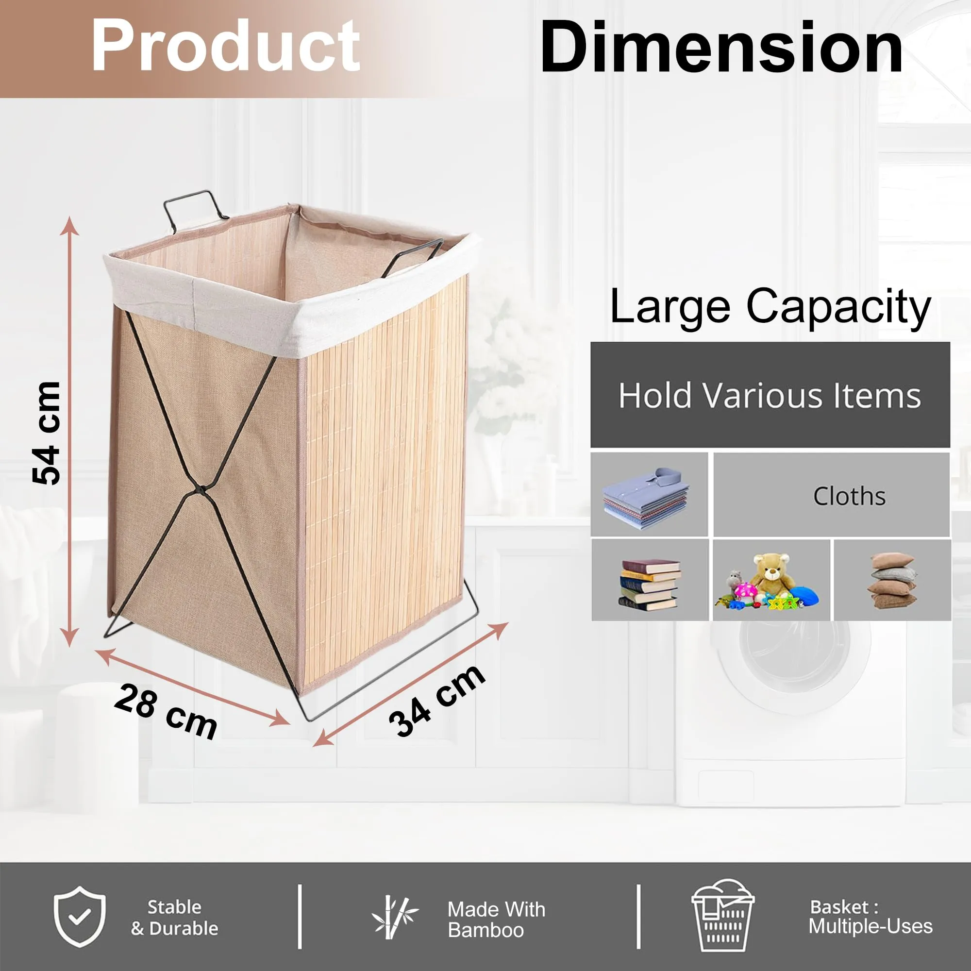 Kuber Industries Pack of 2 Foldable Bamboo Laundry Basket For Clothes With Lid | 51 Ltr Washing Clothes Storage Bag & Laundry Box - Light Brown