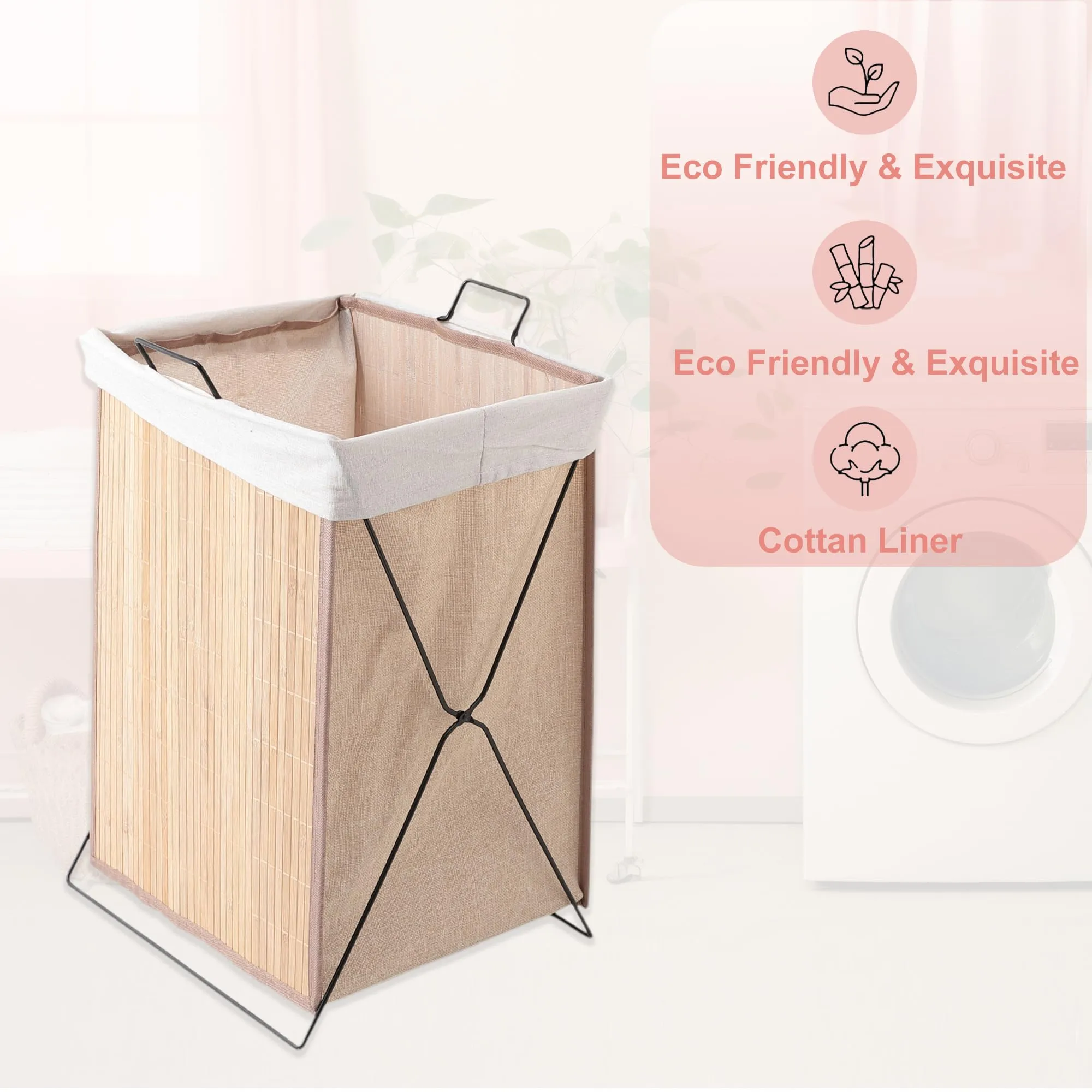 Kuber Industries Pack of 2 Foldable Bamboo Laundry Basket For Clothes With Lid | 51 Ltr Washing Clothes Storage Bag & Laundry Box - Light Brown