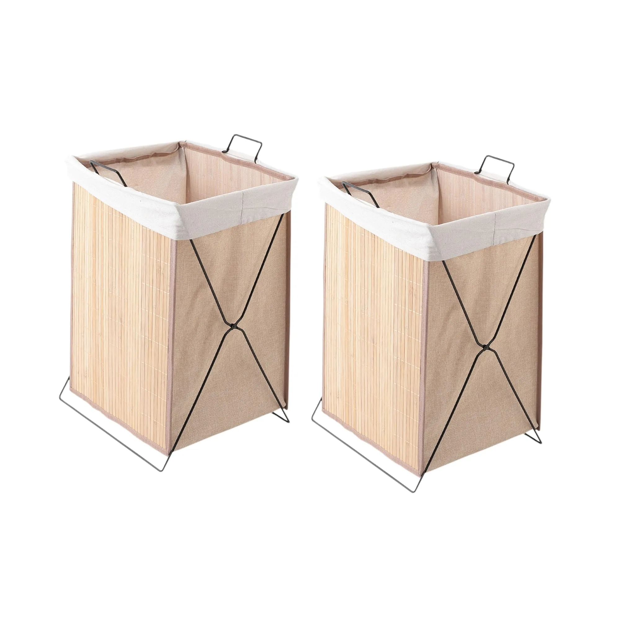 Kuber Industries Pack of 2 Foldable Bamboo Laundry Basket For Clothes With Lid | 51 Ltr Washing Clothes Storage Bag & Laundry Box - Light Brown