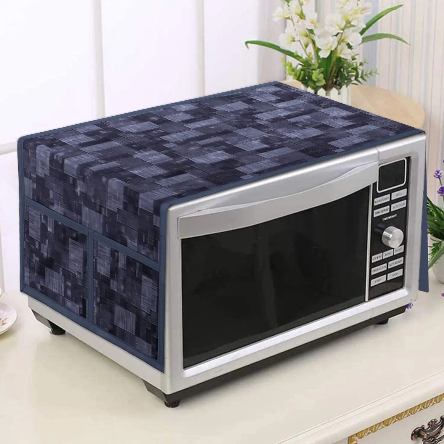 Kuber Industries PVC Check Print Decorative Microwave Oven Top Cover|4 Utility Pockets & Waterproof PVC|Size 90 x 40 CM (Grey)